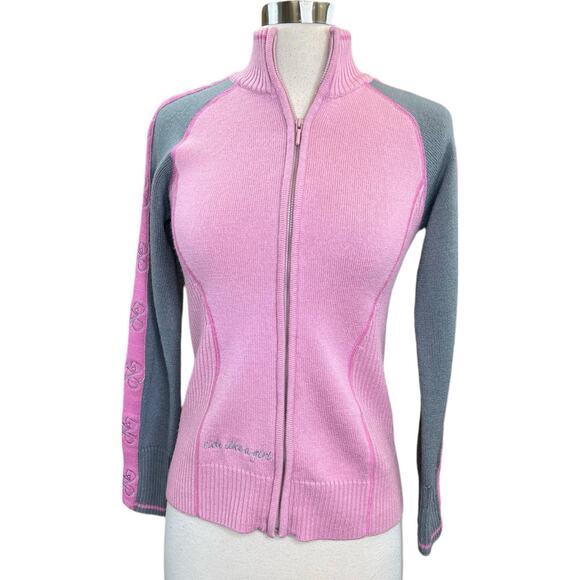 KOOTENAY Knitting Company LTD 100% Merino Wool Zip Up Bike Baby Pink Sweater S - Picture 1 of 9